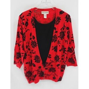Cathy Daniels Red Black Floral Knit Cardigan Sweater Set Top XL Holiday Buttons
